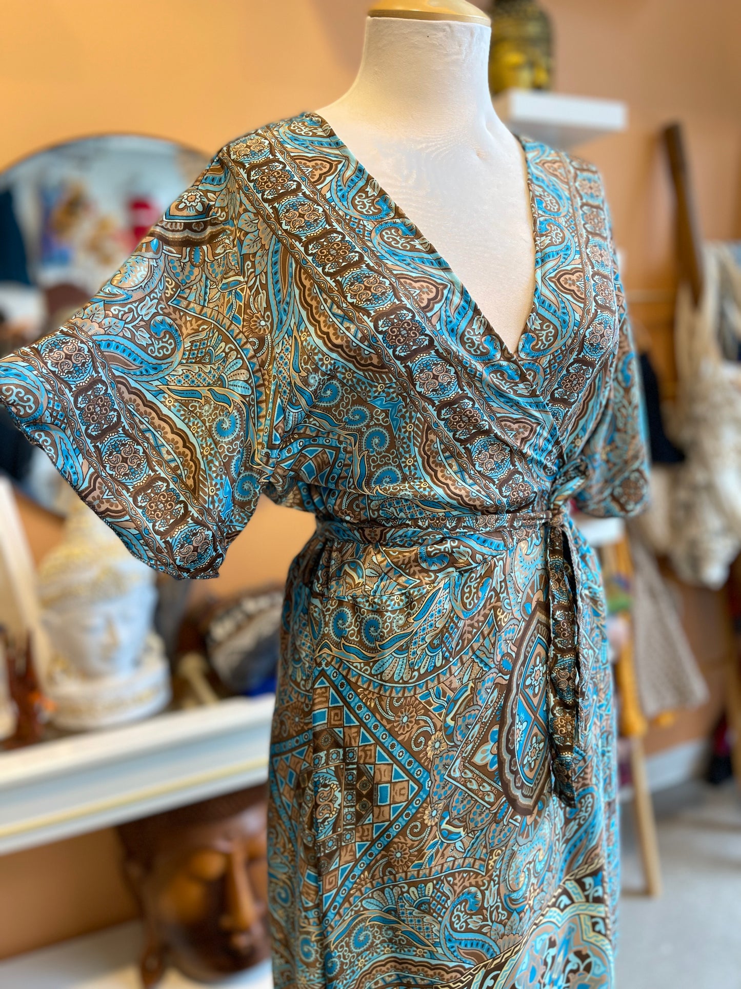 Blue/Brown Paisley Maxi Wrap Dress/Robe