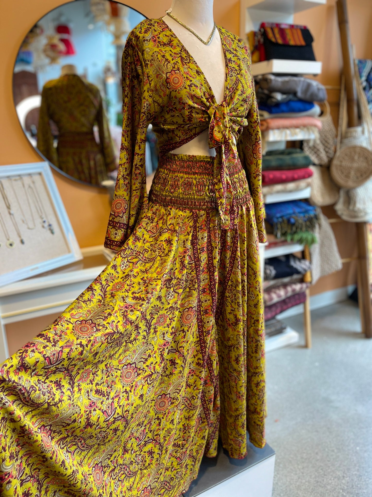 Green/Purple Paisley Bell Sleeve Wrap Top Maxi Skirt Set