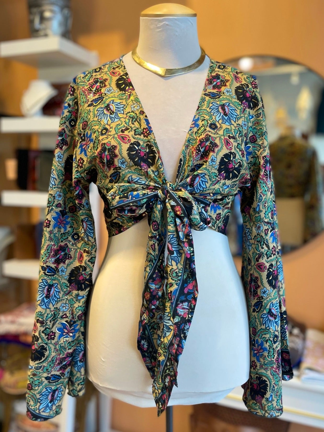 Green/Black/Blue/Pink Floral Bell Sleeve Wrap Top