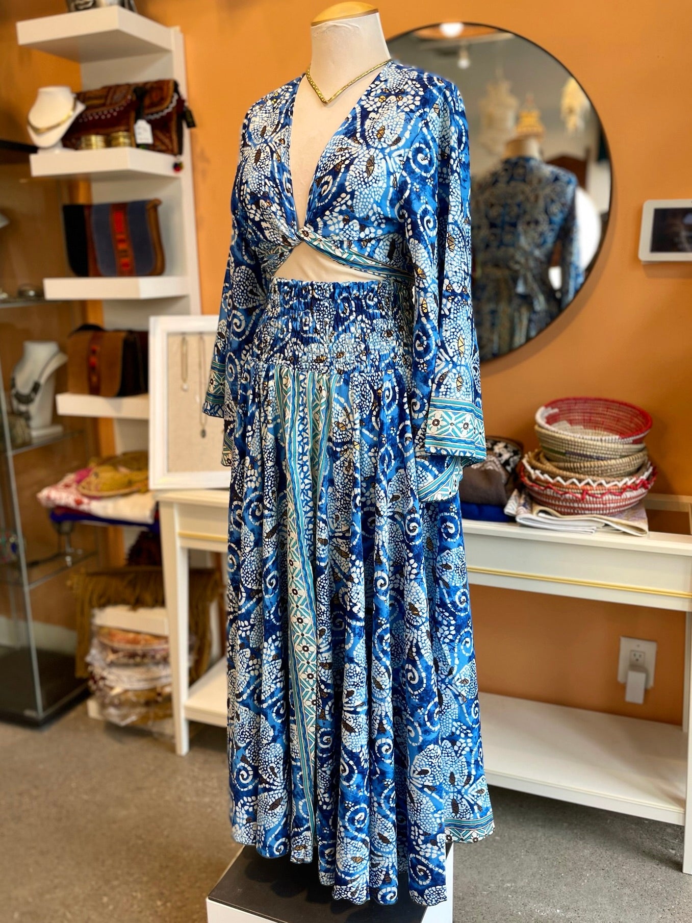 Blue/White/Gold Swirl Patterned Bell Sleeve Wrap Top Maxi Skirt Set