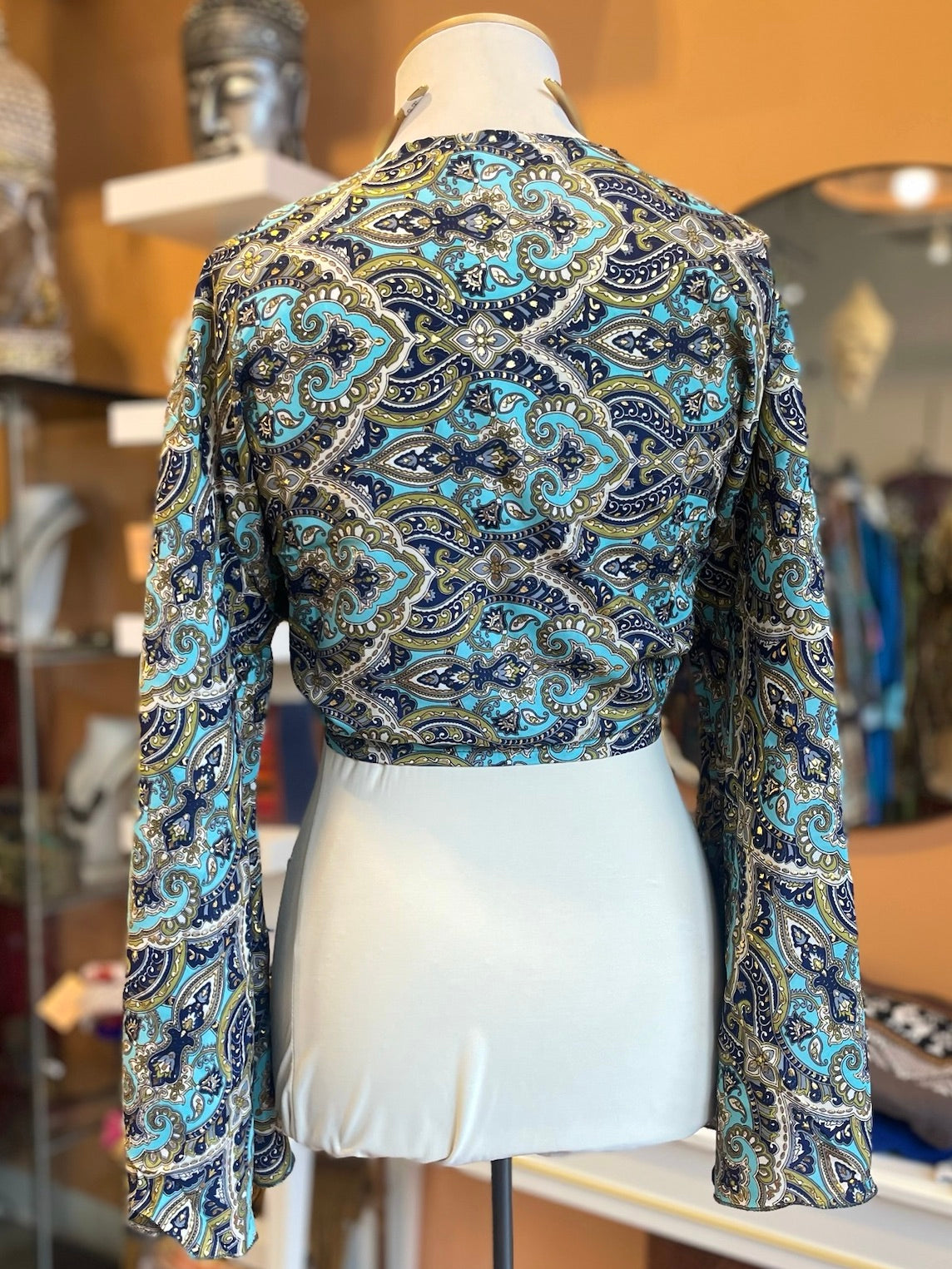 Blue/Green/Gold Paisley Bell Sleeve Wrap Top