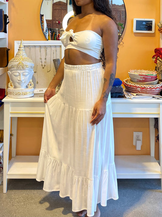 White Linen Bandeau Skirt Set
