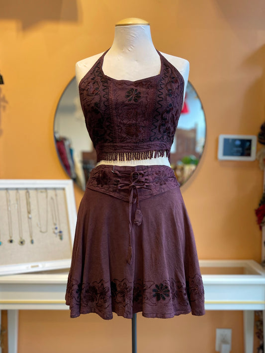 Burgundy Embroidered Pixie Style Mini Skirt & Halter Set