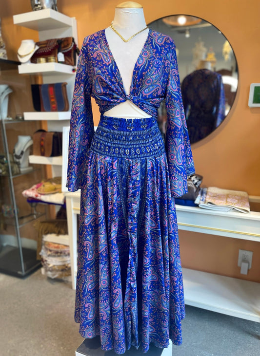 Blue/Pink Paisley Bell Sleeve Wrap Top Maxi Skirt Set