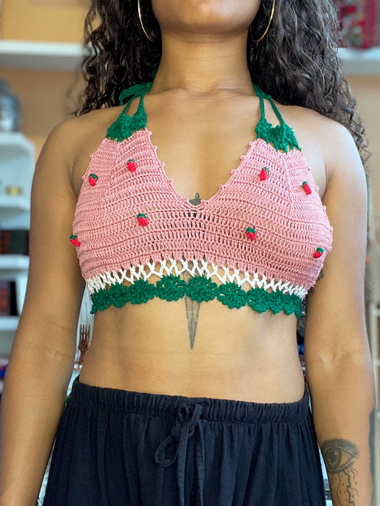 Pink/Green Strawberry Crochet Halter Top