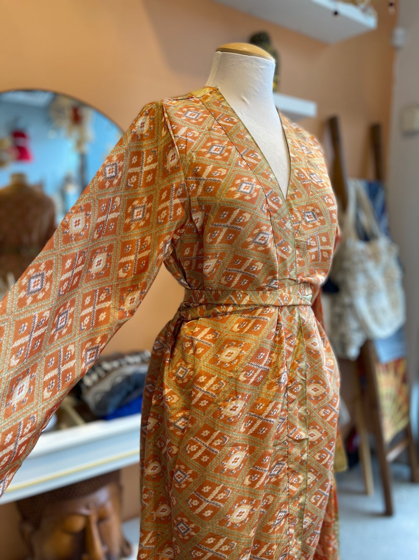 Orange Diamond Upcycled Silk Maxi Robe