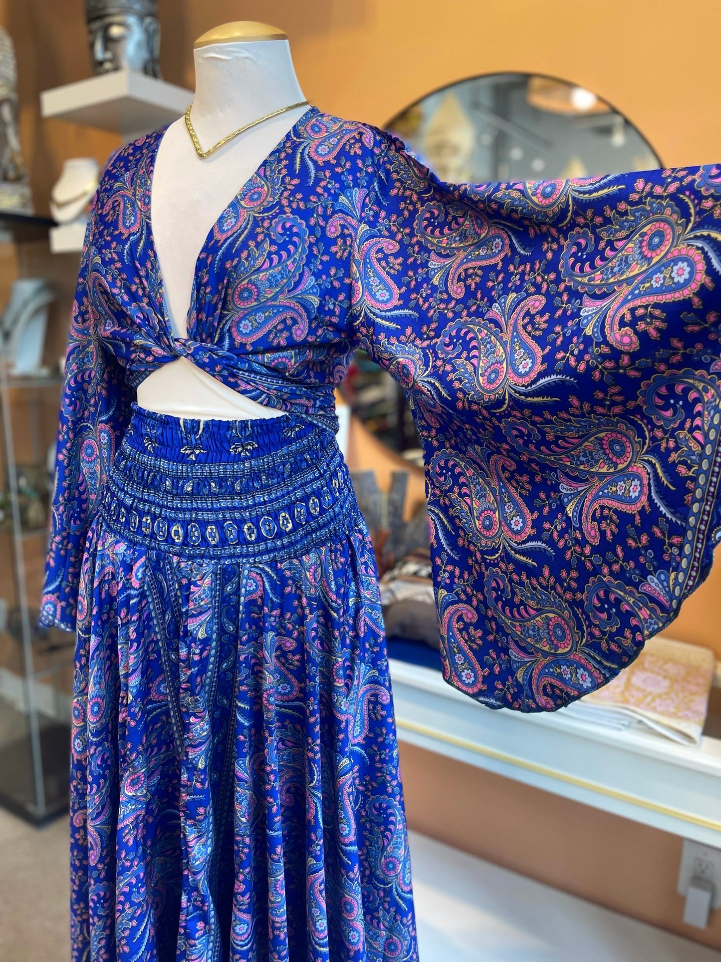 Blue/Pink Paisley Bell Sleeve Wrap Top Maxi Skirt Set