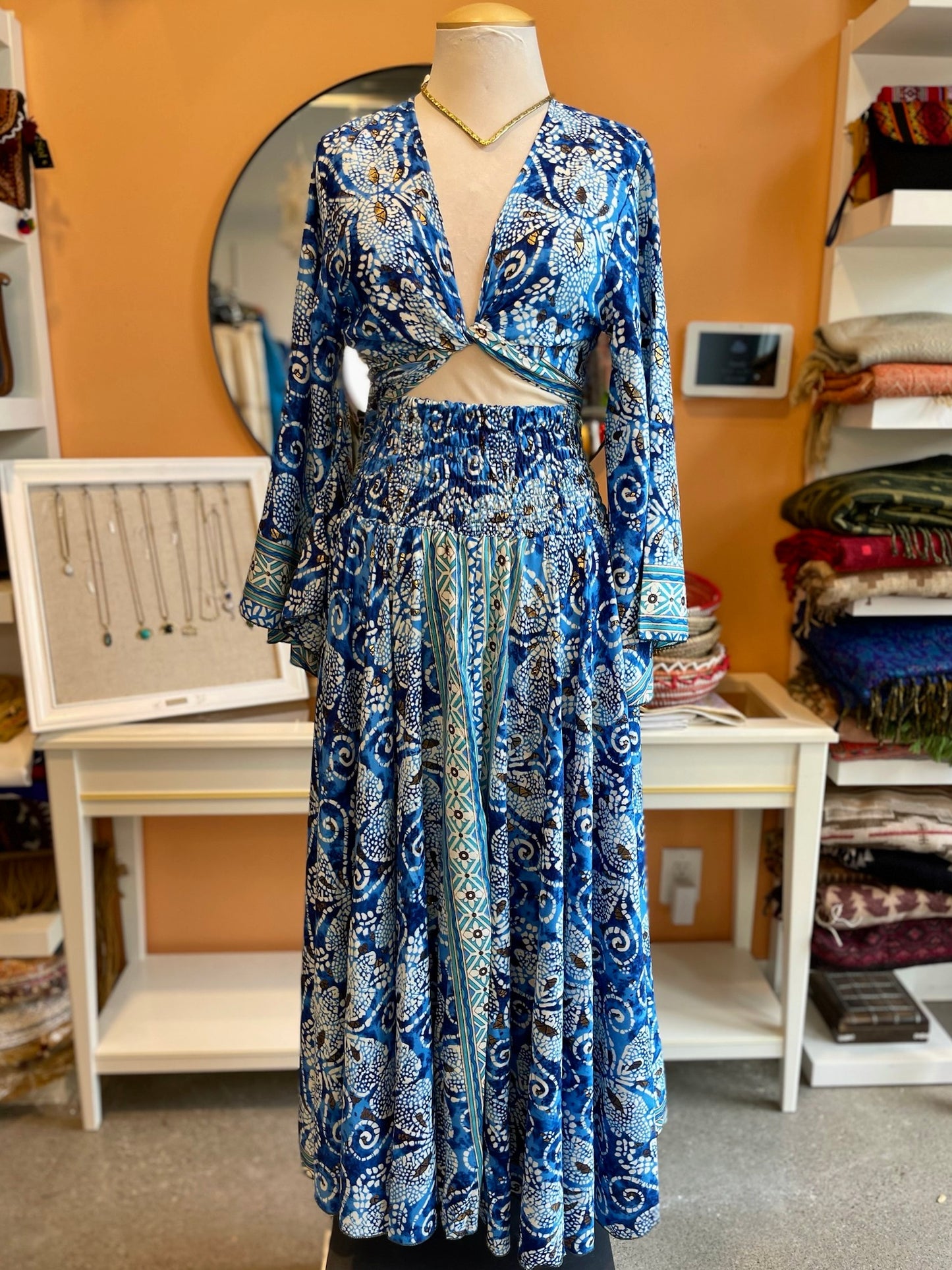 Blue/White/Gold Swirl Patterned Bell Sleeve Wrap Top Maxi Skirt Set