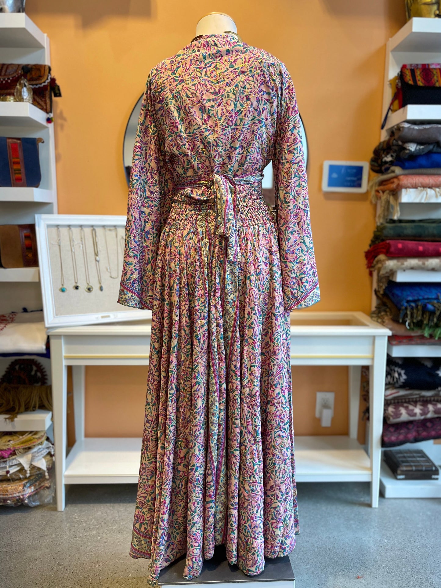 Pink/Blue/Gold Paisley Bell Sleeve Wrap Top Maxi Skirt Set