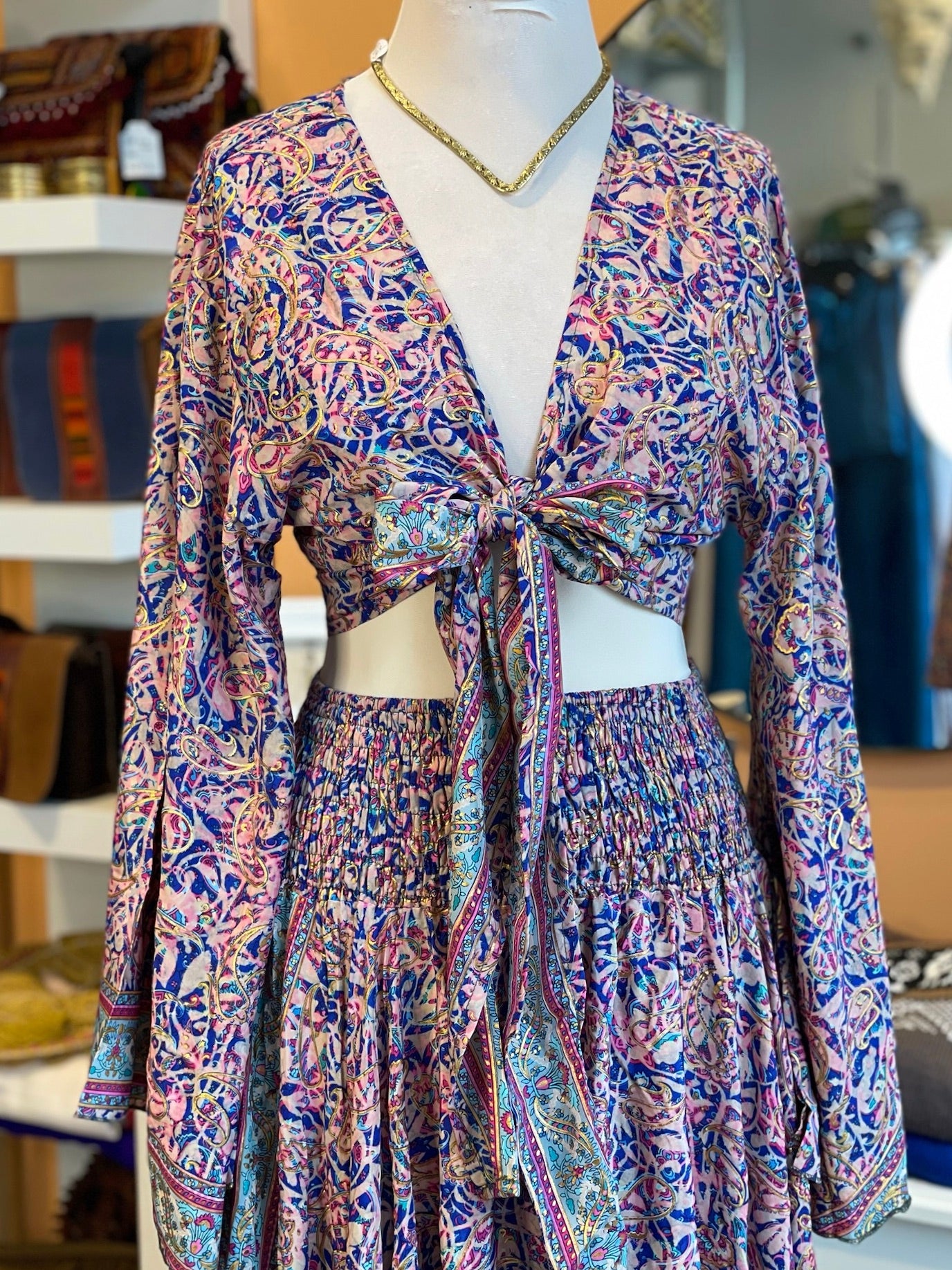 Blue/Pink/Gold Patterned Bell Sleeve Wrap Top Maxi Skirt Set