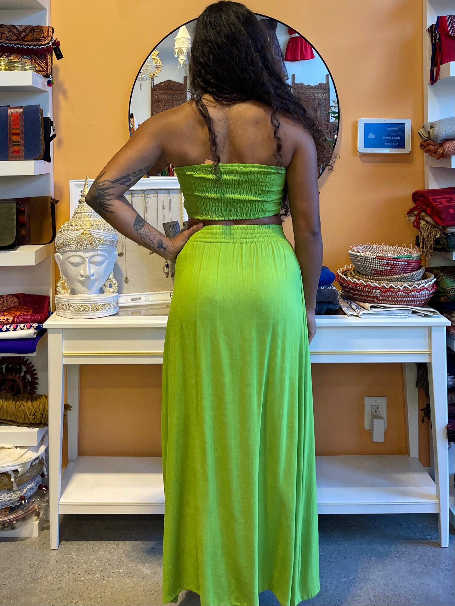 Green Linen Double Slit Skirt Set