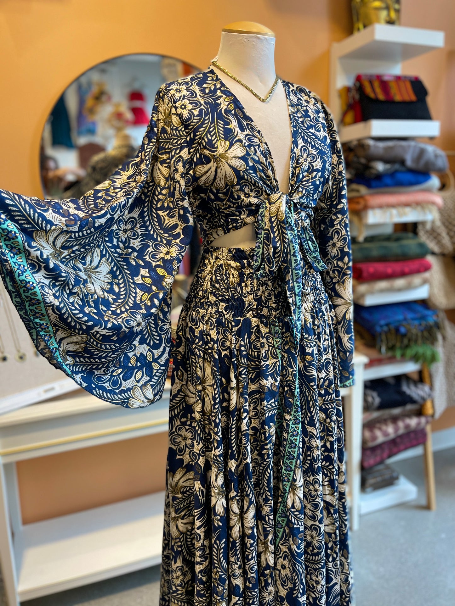 Blue/White/Gold Floral Bell Sleeve Wrap Top Maxi Skirt Set