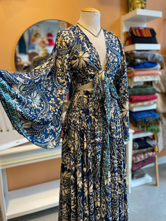 Blue/White/Gold Floral Bell Sleeve Wrap Top Maxi Skirt Set