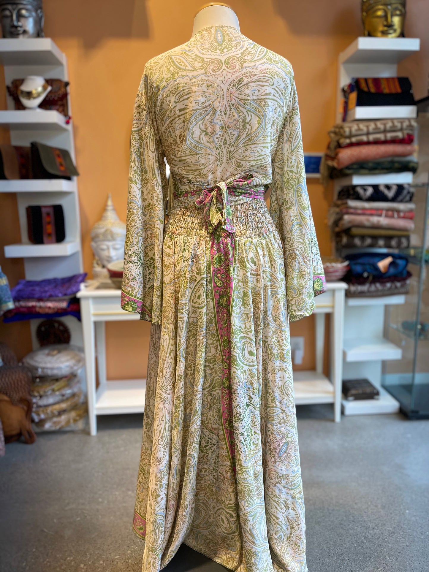 Pale Green Paisley Bell Sleeve Wrap Top Maxi Skirt Set