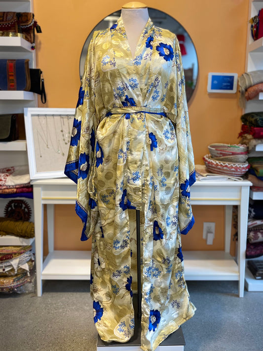 Large Blue Flower Oversized Upcycled Silk Kimono