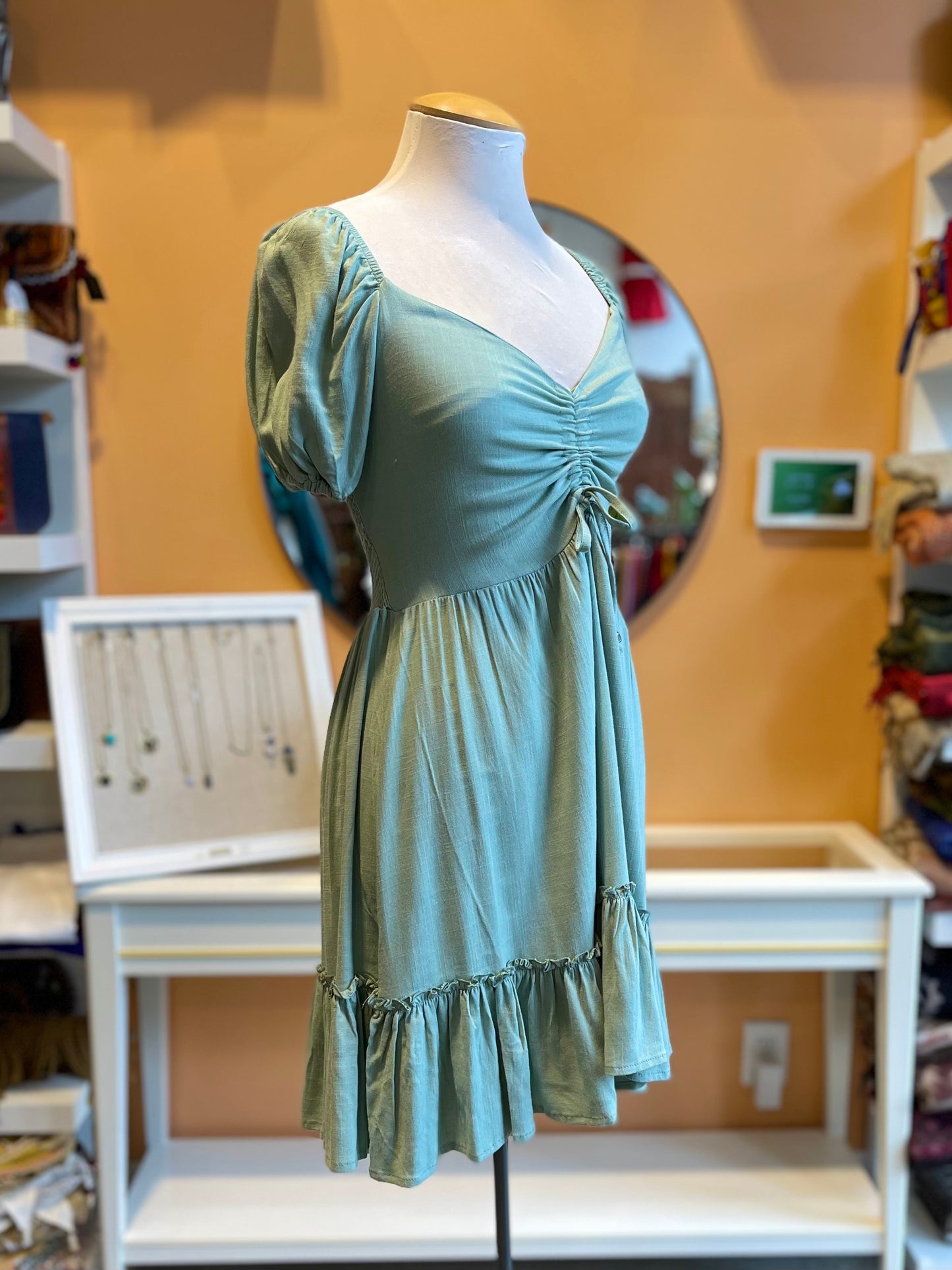 Mint Ruched Bust Linen Babydoll Dress