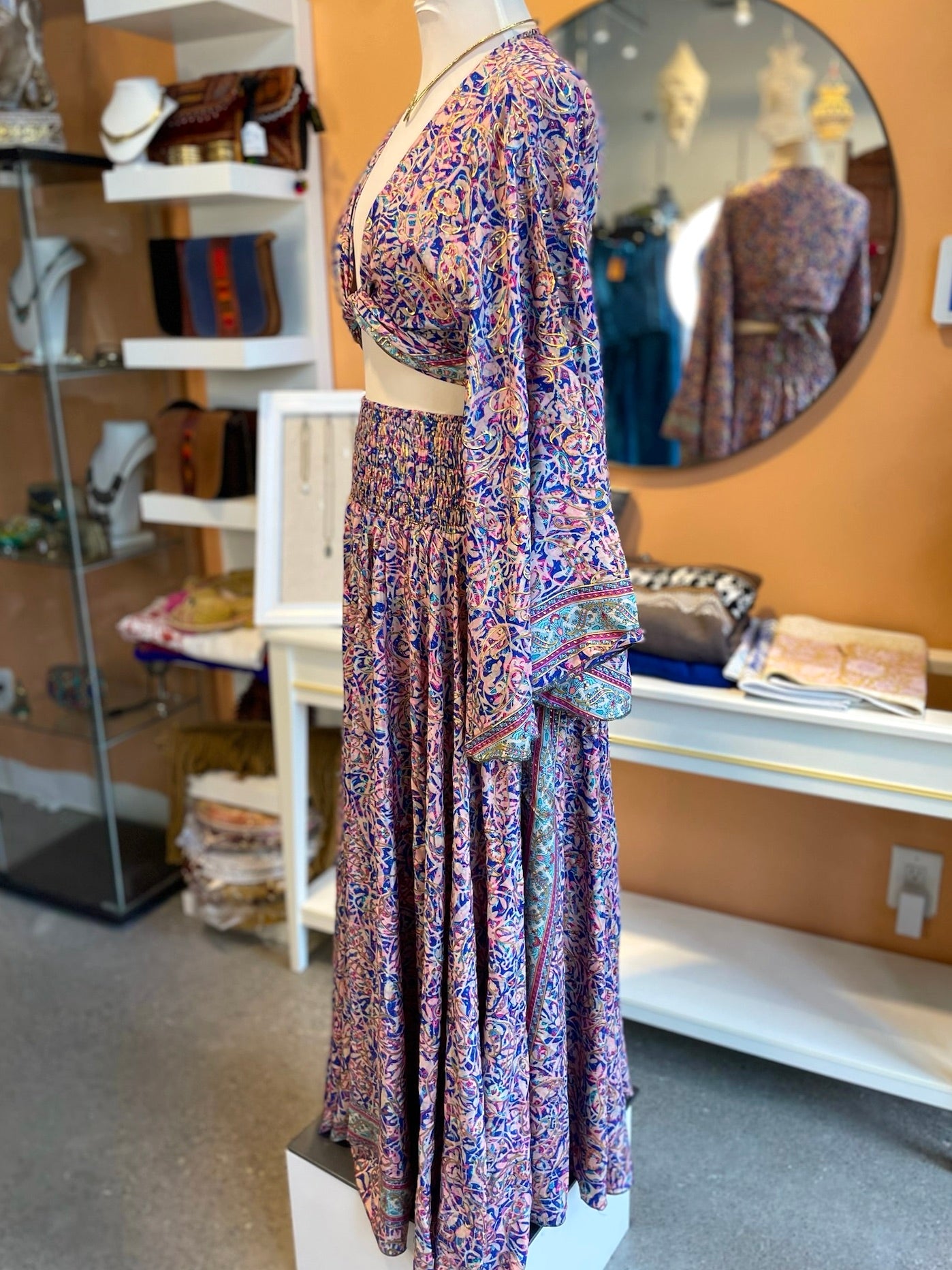 Blue/Pink/Gold Patterned Bell Sleeve Wrap Top Maxi Skirt Set