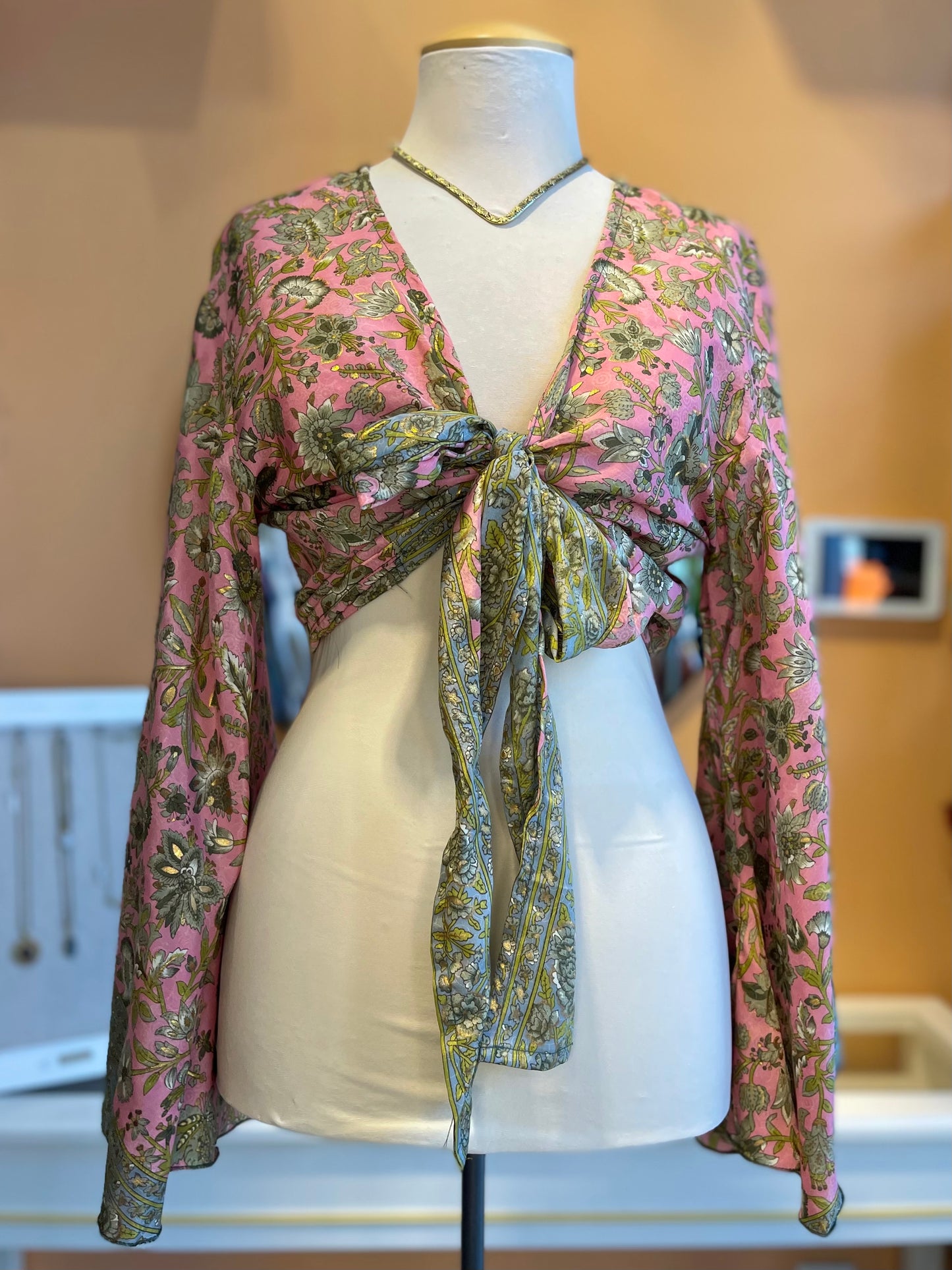 Pink/Grey/Gold Floral Bell Sleeve Wrap Top