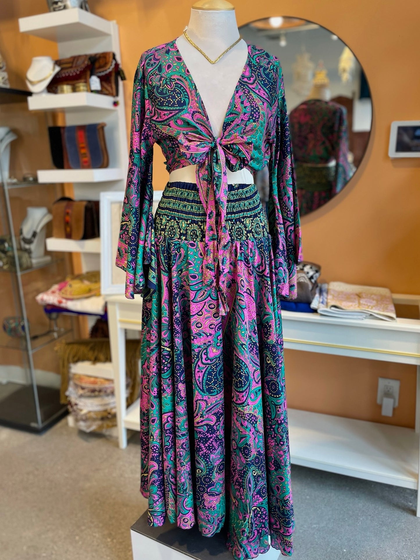 Purple/Teal Paisley Bell Sleeve Wrap Top & Pant Set