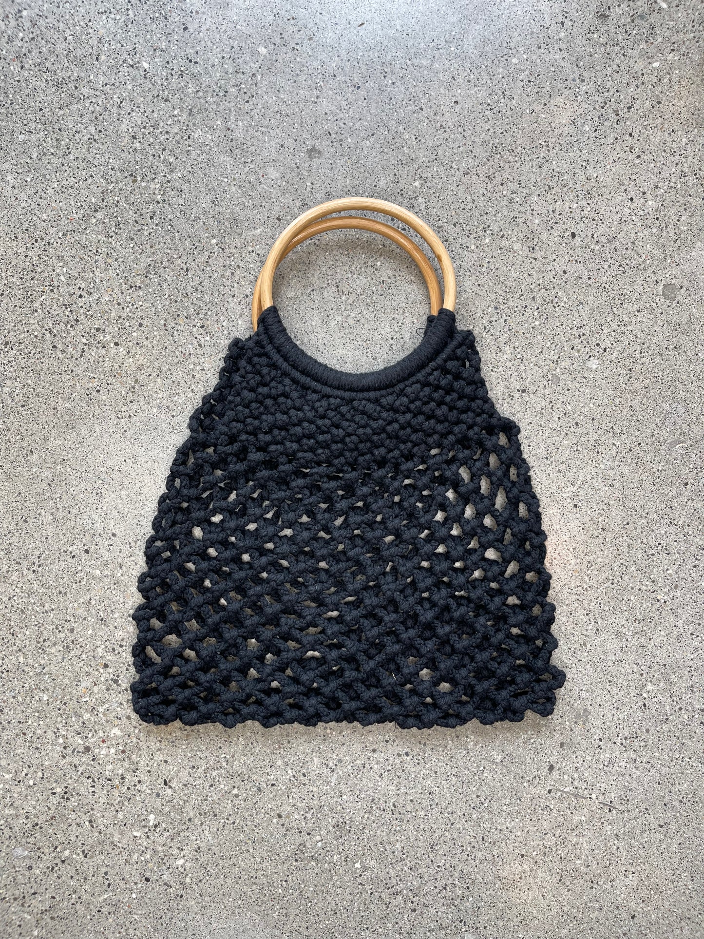 Black Handmade Macrame Tote Bag With Wooden Handle