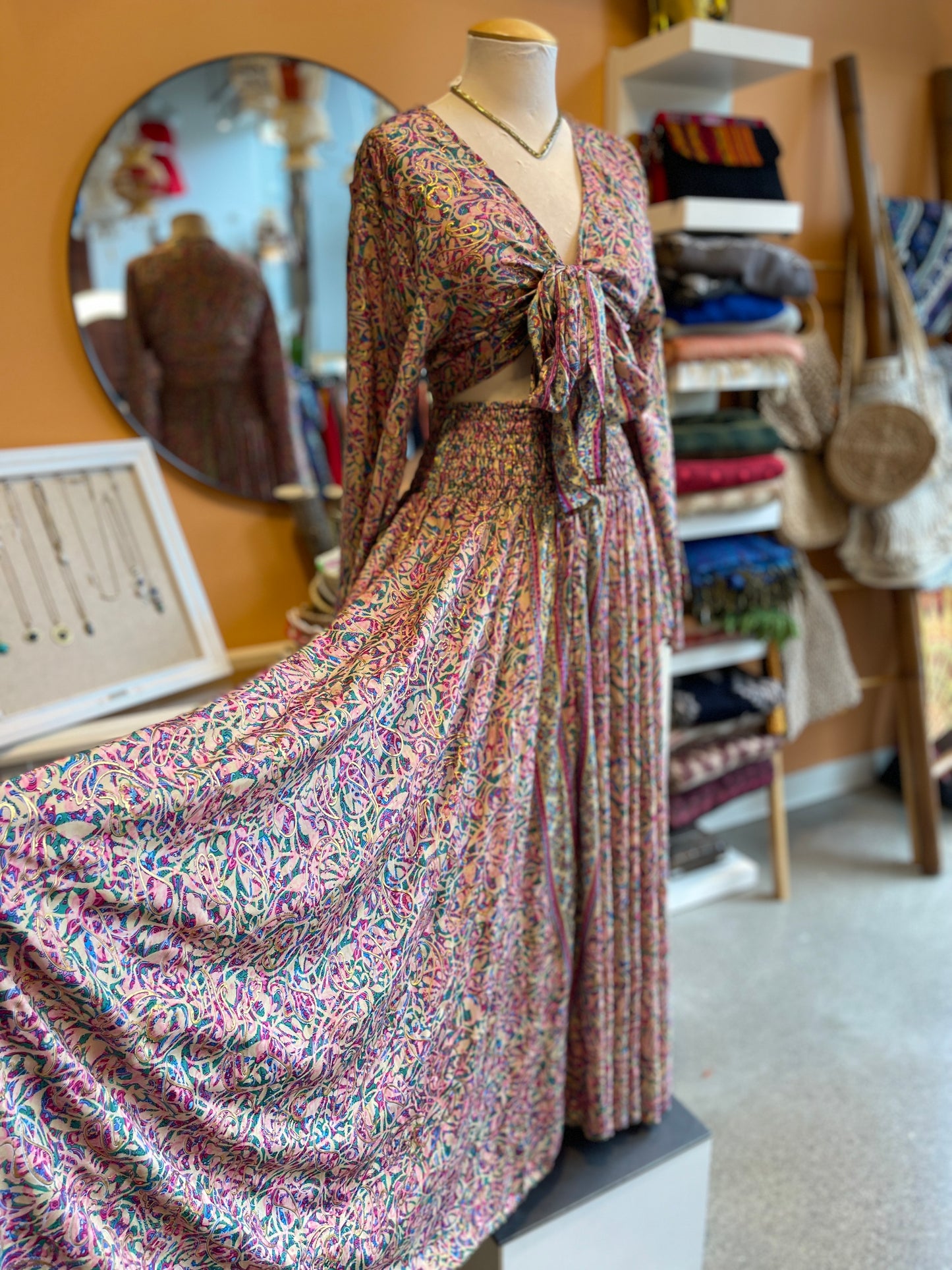 Pink/Blue/Gold Paisley Bell Sleeve Wrap Top Maxi Skirt Set