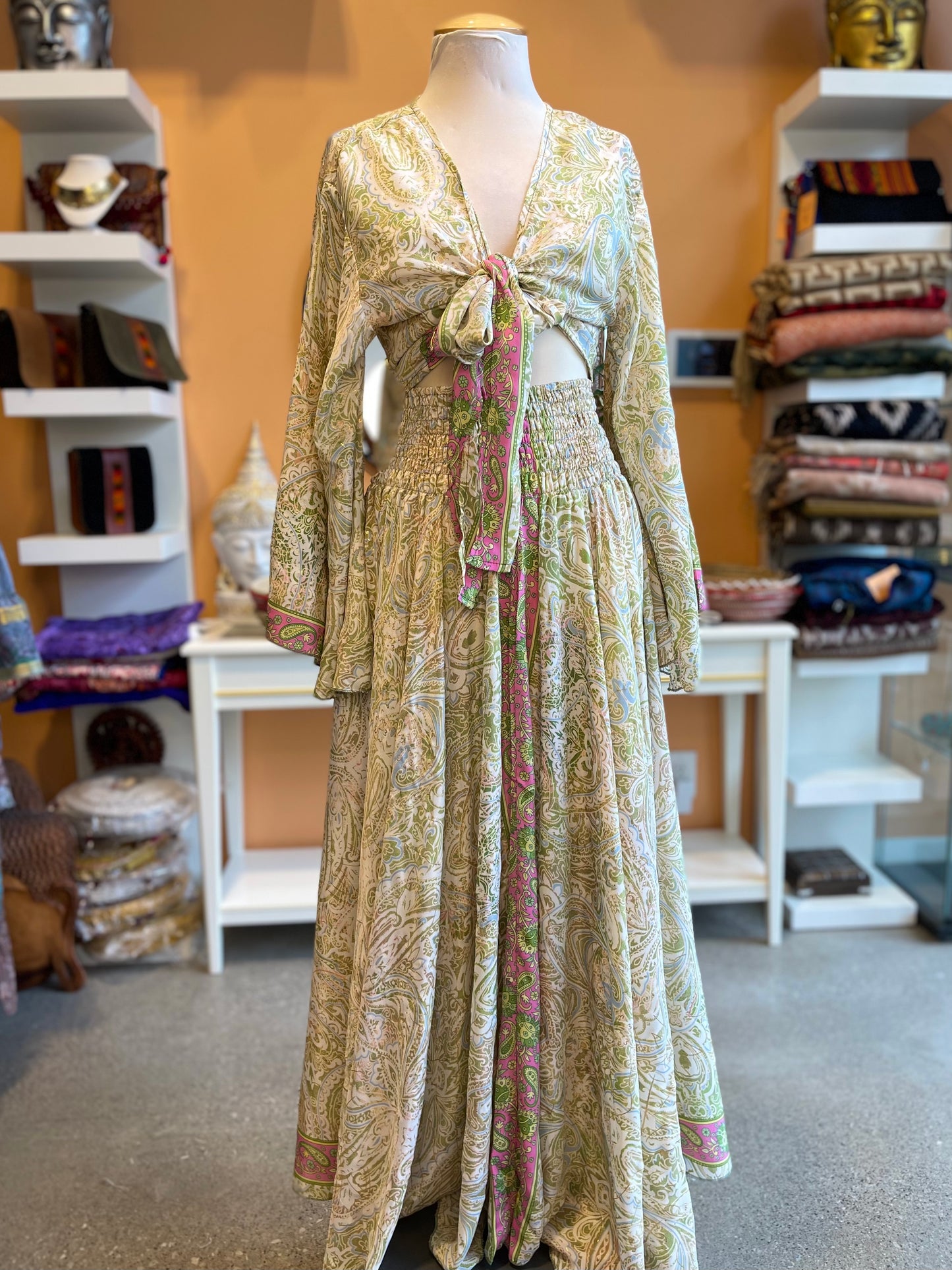 Pale Green Paisley Bell Sleeve Wrap Top Maxi Skirt Set