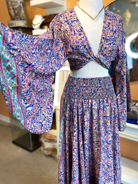 Blue/Pink/Gold Patterned Bell Sleeve Wrap Top Maxi Skirt Set