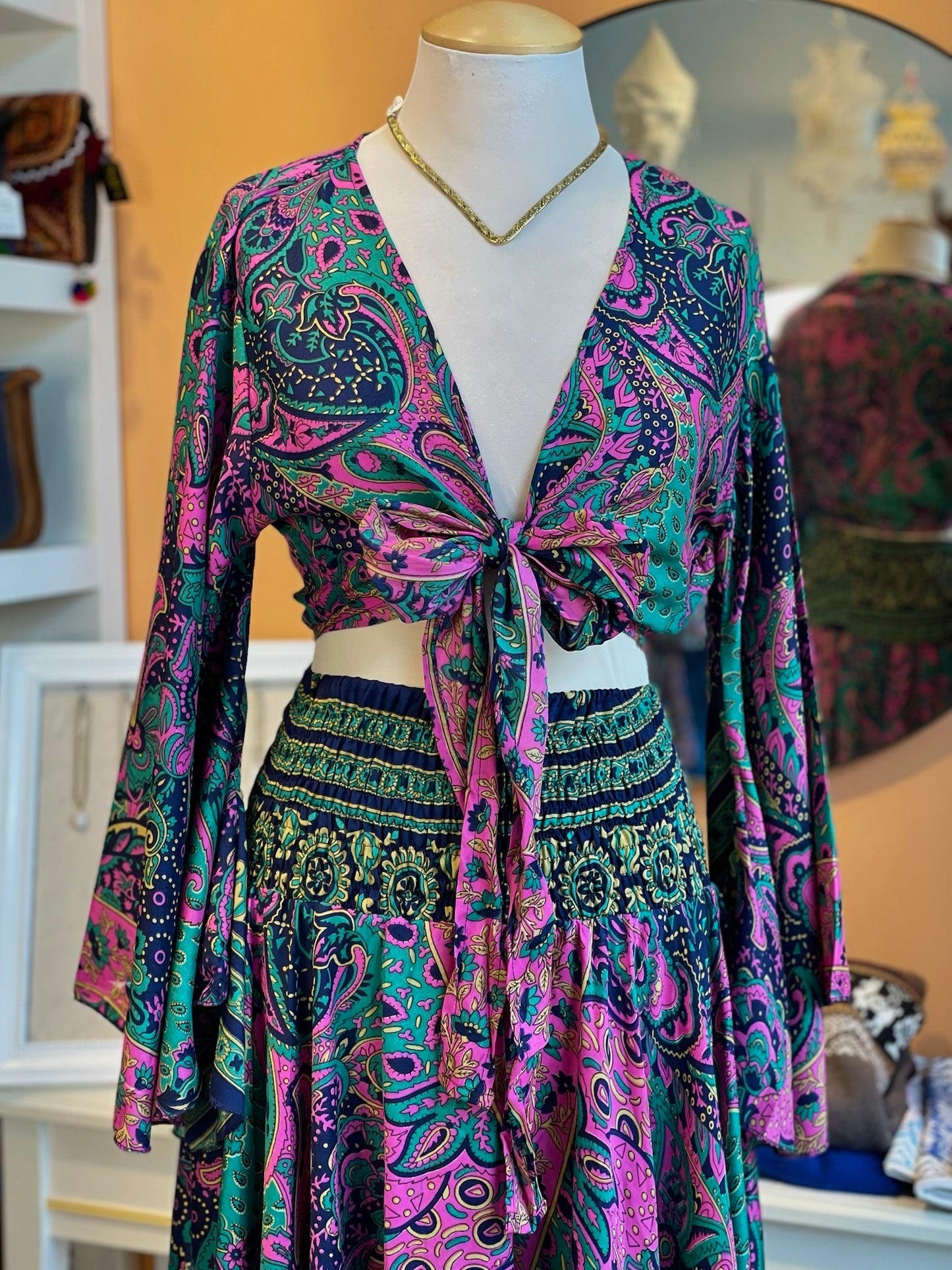 Purple/Teal Paisley Bell Sleeve Wrap Top & Pant Set