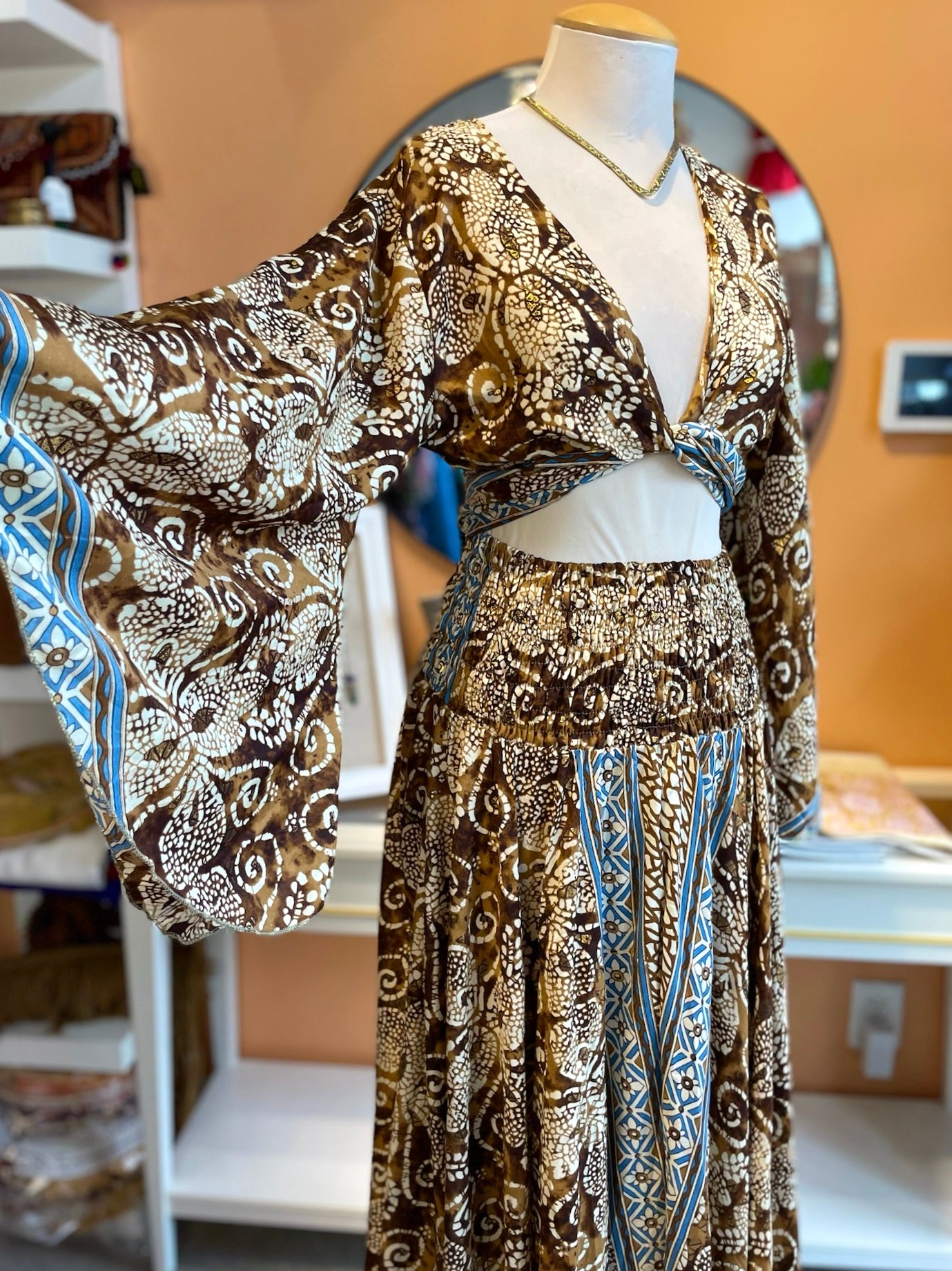 Brown/White/Gold Swirl Patterned Bell Sleeve Wrap Top Maxi Skirt Set