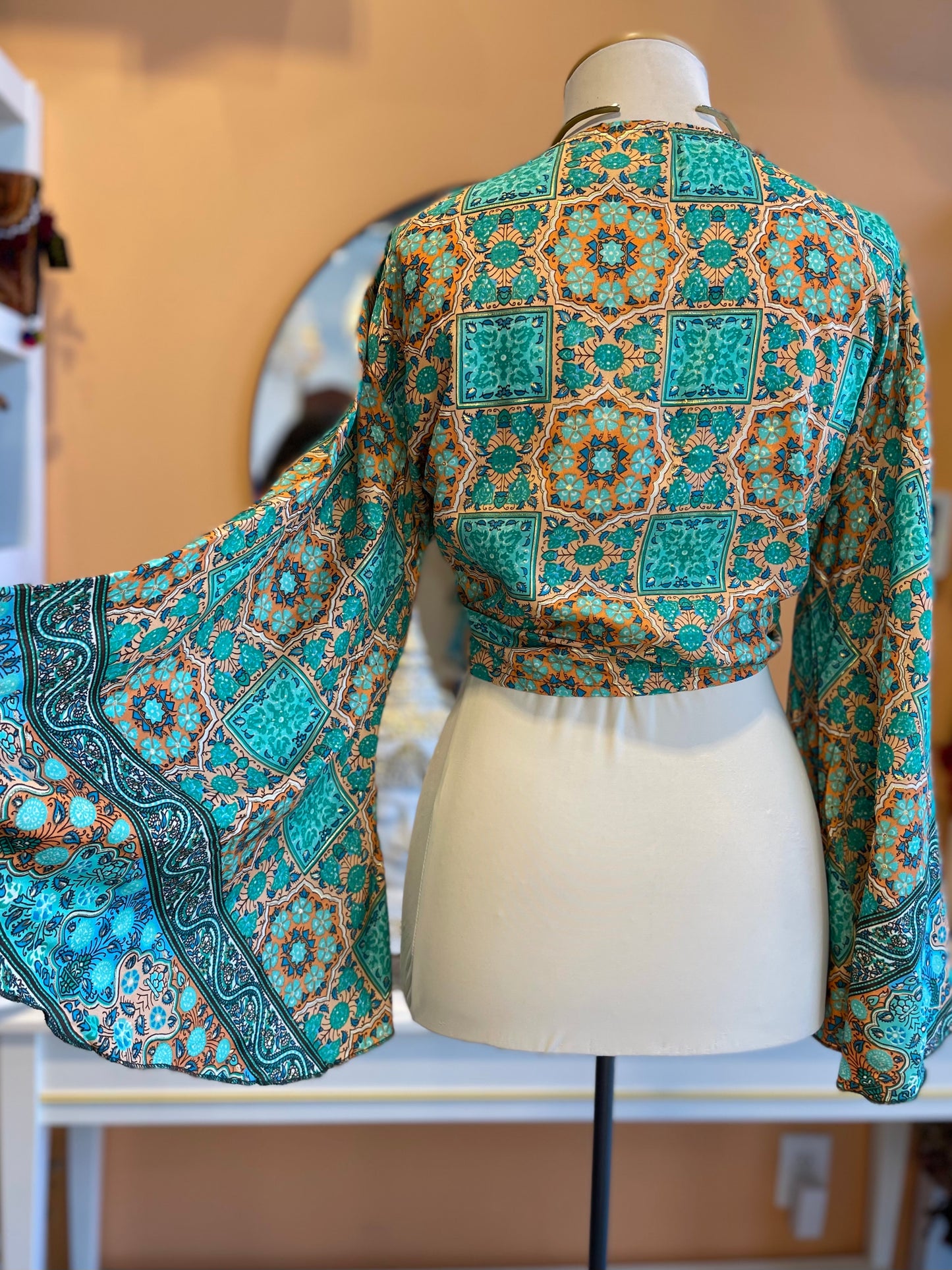 Teal/Orange/Blue/Gold Bell Sleeve Wrap Top