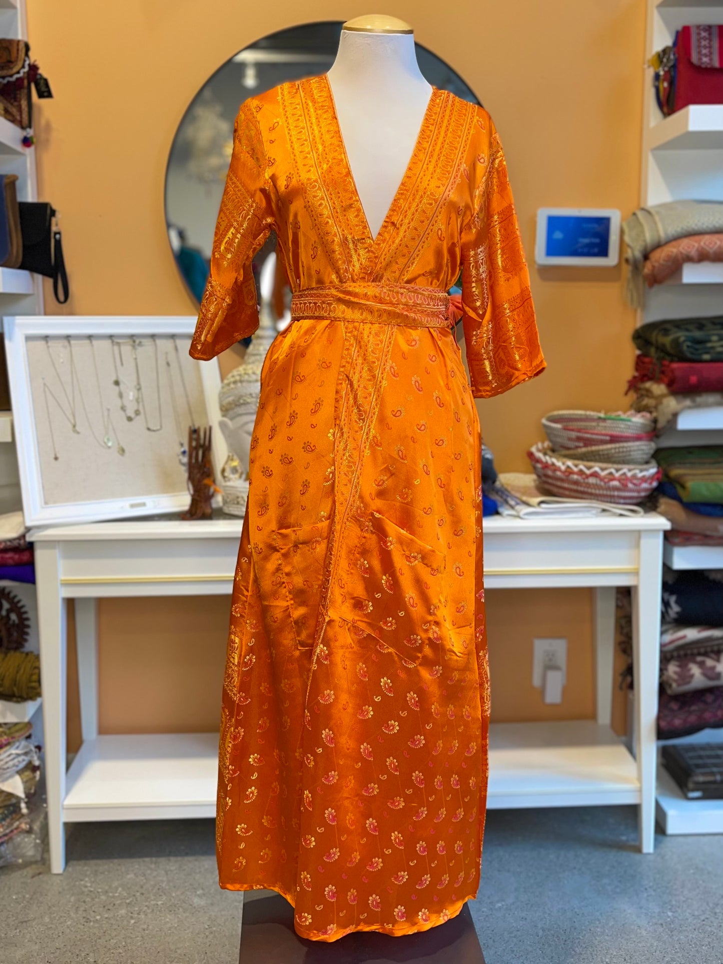 Orange/Pink Upcycled Brocade Silk Fitted Robe