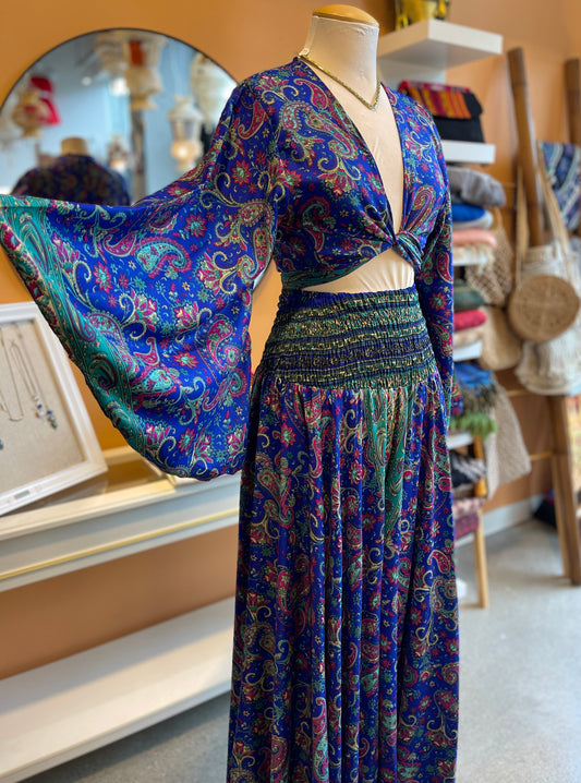 Blue/Magenta Paisley Bell Sleeve Wrap Top & Flare Pants Set