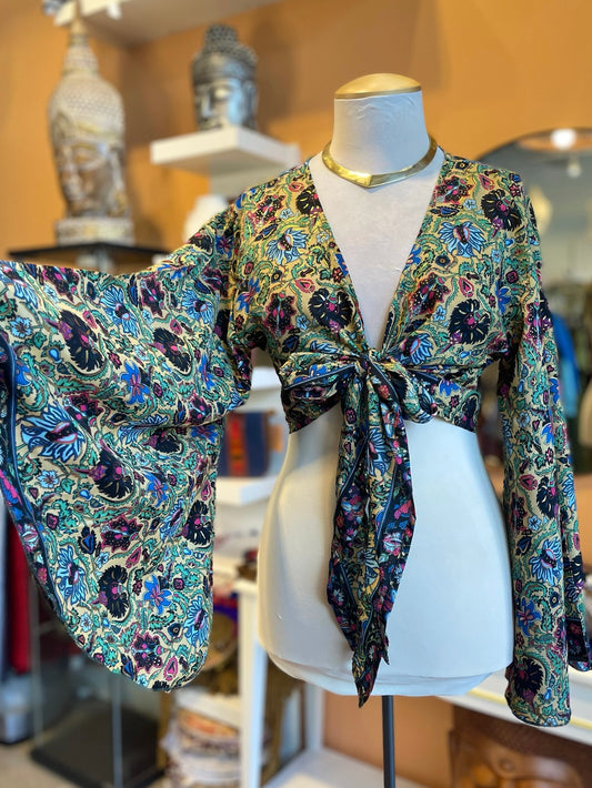 Green/Black/Blue/Pink Floral Bell Sleeve Wrap Top