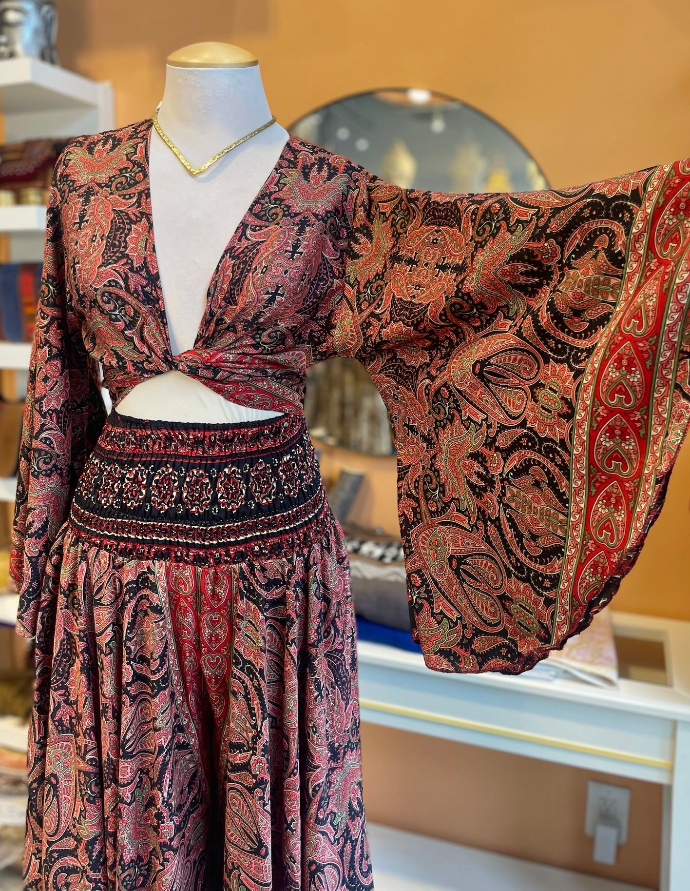 Red/Black Paisley Bell Sleeve Wrap Top & Pant Set