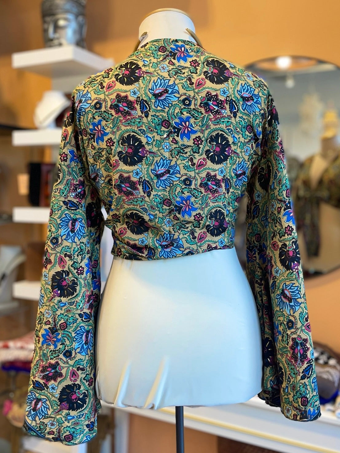 Green/Black/Blue/Pink Floral Bell Sleeve Wrap Top