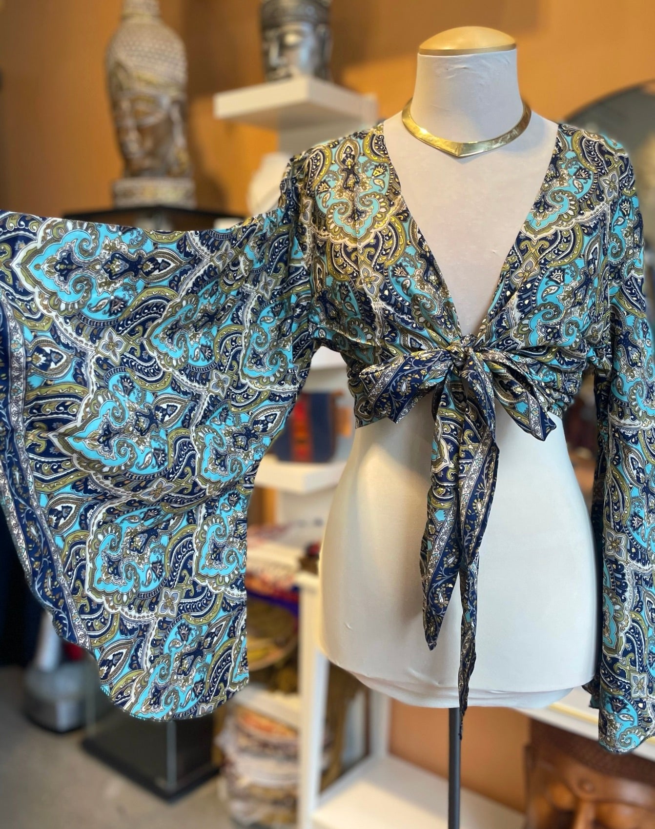 Blue/Green/Gold Paisley Bell Sleeve Wrap Top