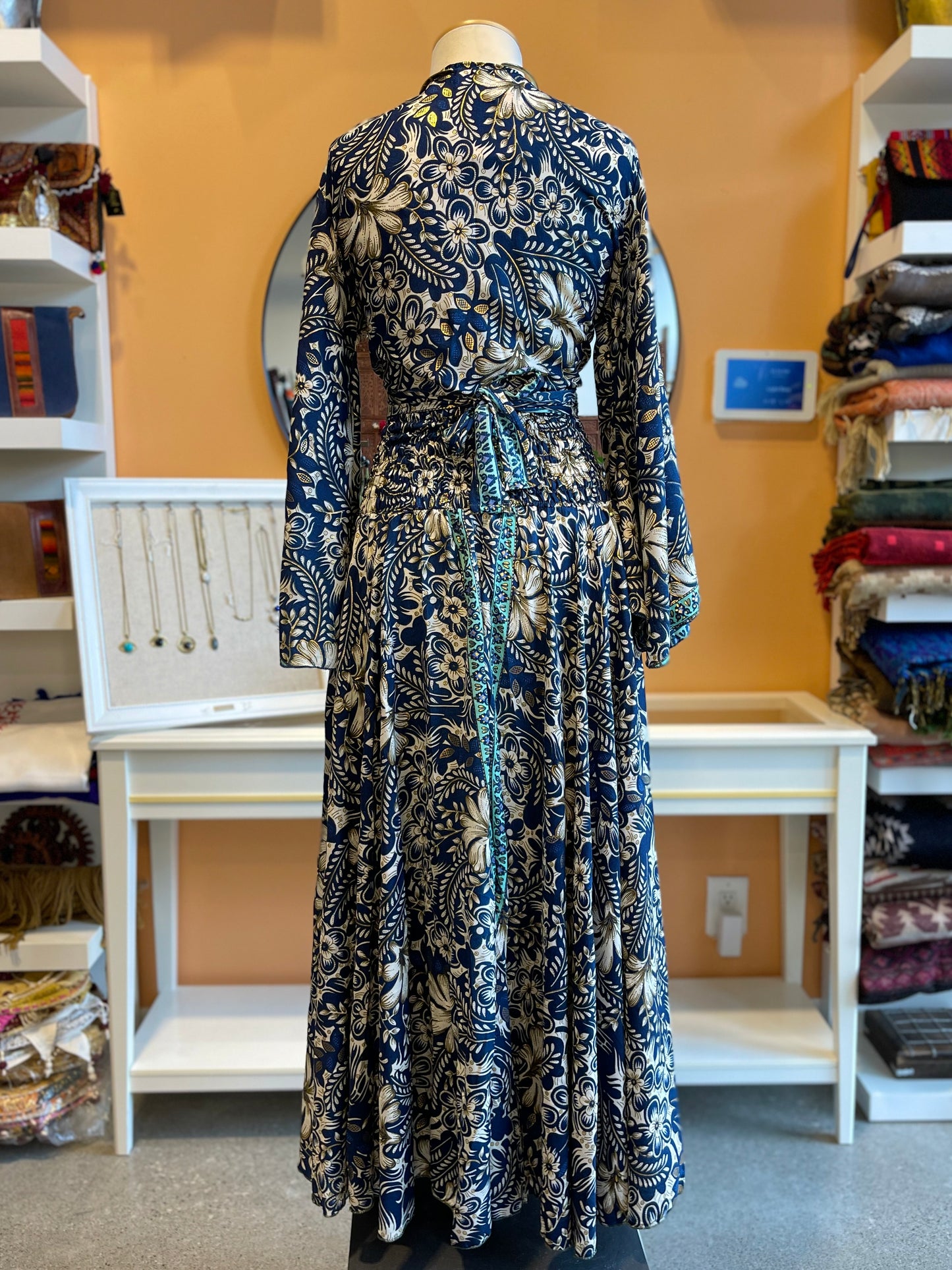 Blue/White/Gold Floral Bell Sleeve Wrap Top Maxi Skirt Set