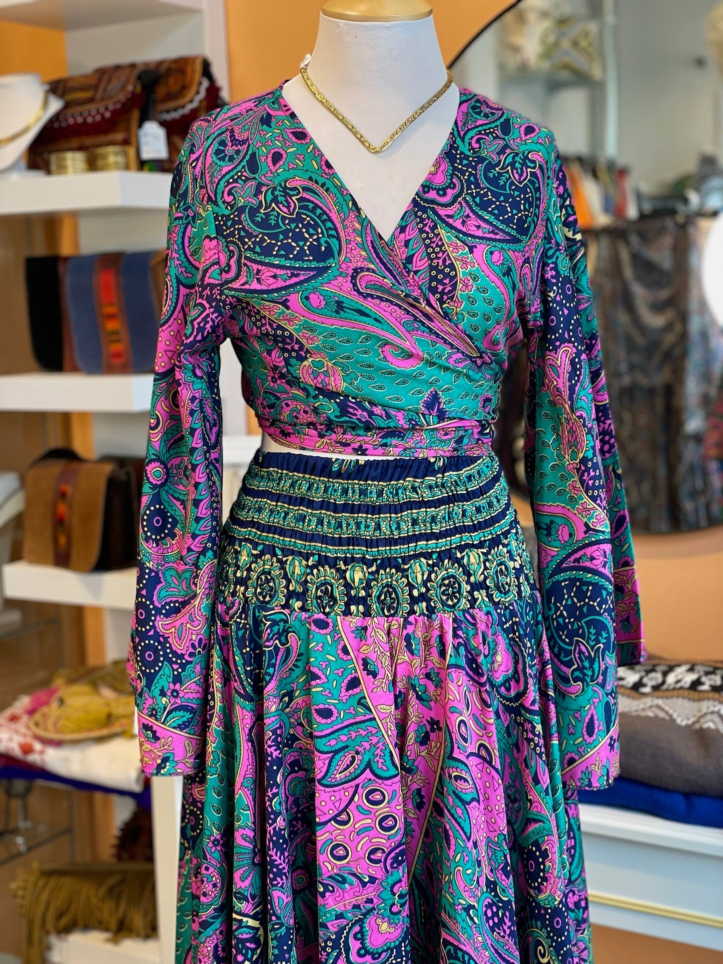 Purple/Teal Paisley Bell Sleeve Wrap Top & Pant Set