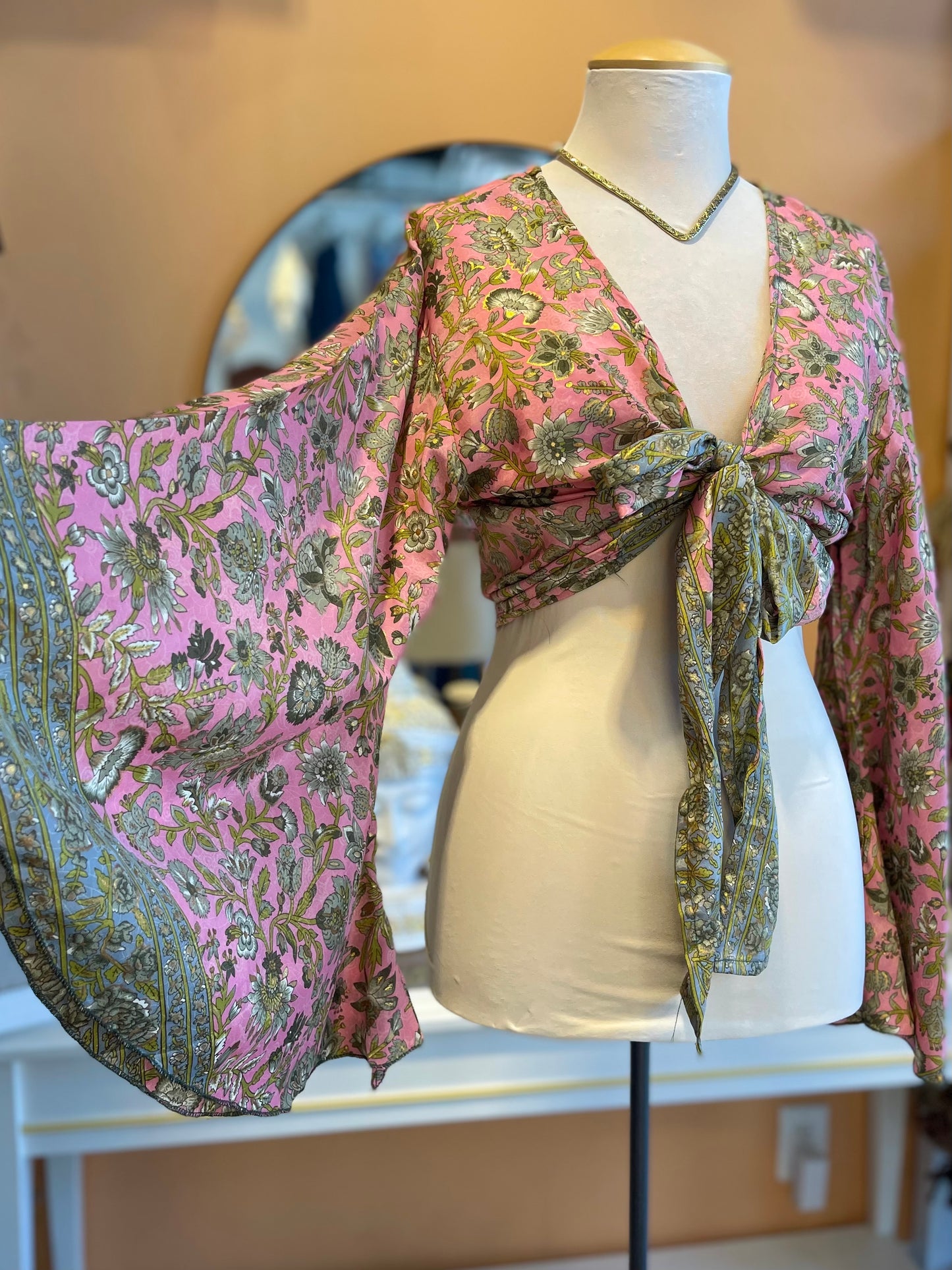 Pink/Grey/Gold Floral Bell Sleeve Wrap Top