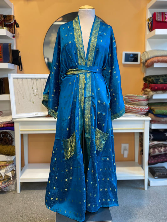 Blue Upcycled Brocade Silk Wide Sleeve Robe