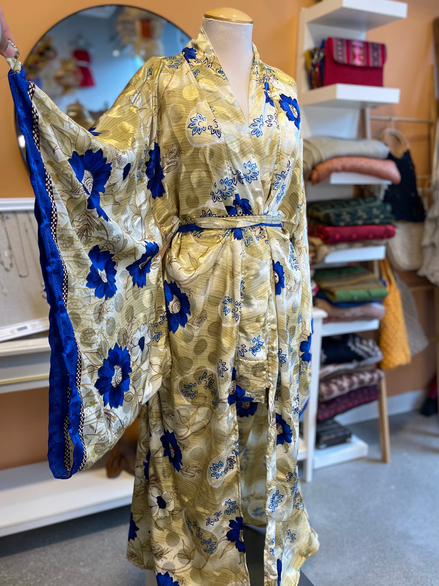 Large Blue Flower Oversized Upcycled Silk Kimono