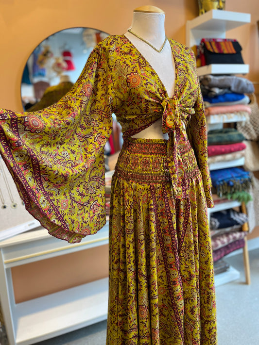 Green/Purple Paisley Bell Sleeve Wrap Top Maxi Skirt Set