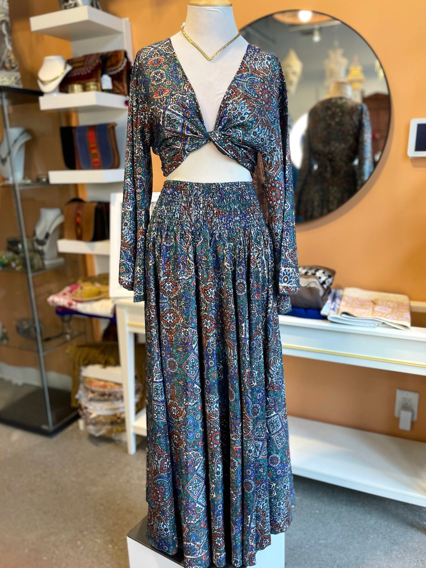 Blue/Orange/Teal/Gold Patterned Bell Sleeve Wrap Top Maxi Skirt Set