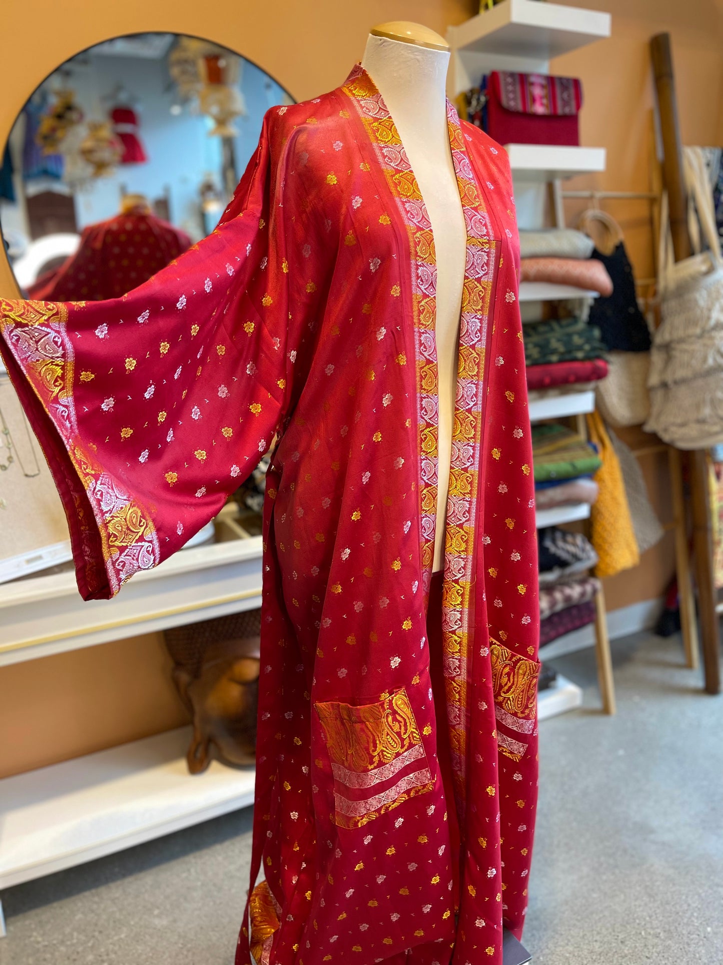 Red/Yellow Upcycled Brocade Silk Wide Sleeve Robe