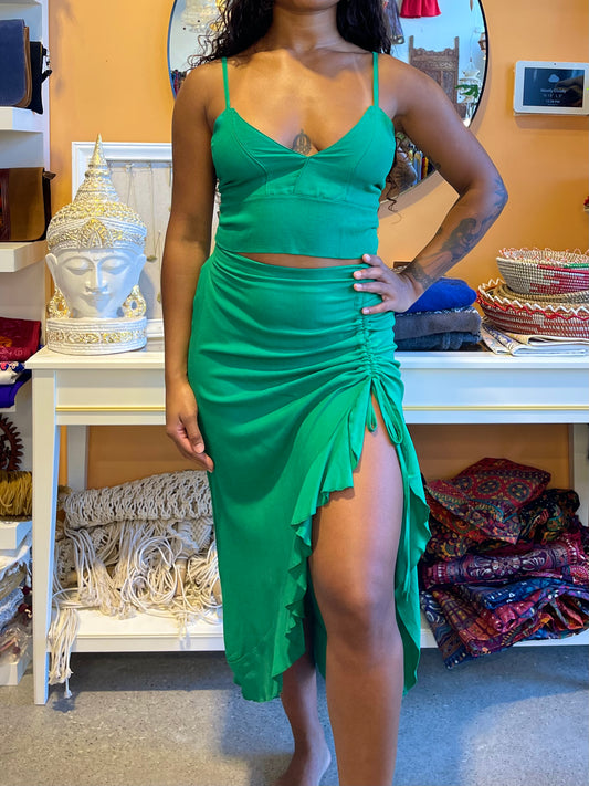 Green Linen Cinched Skirt Set