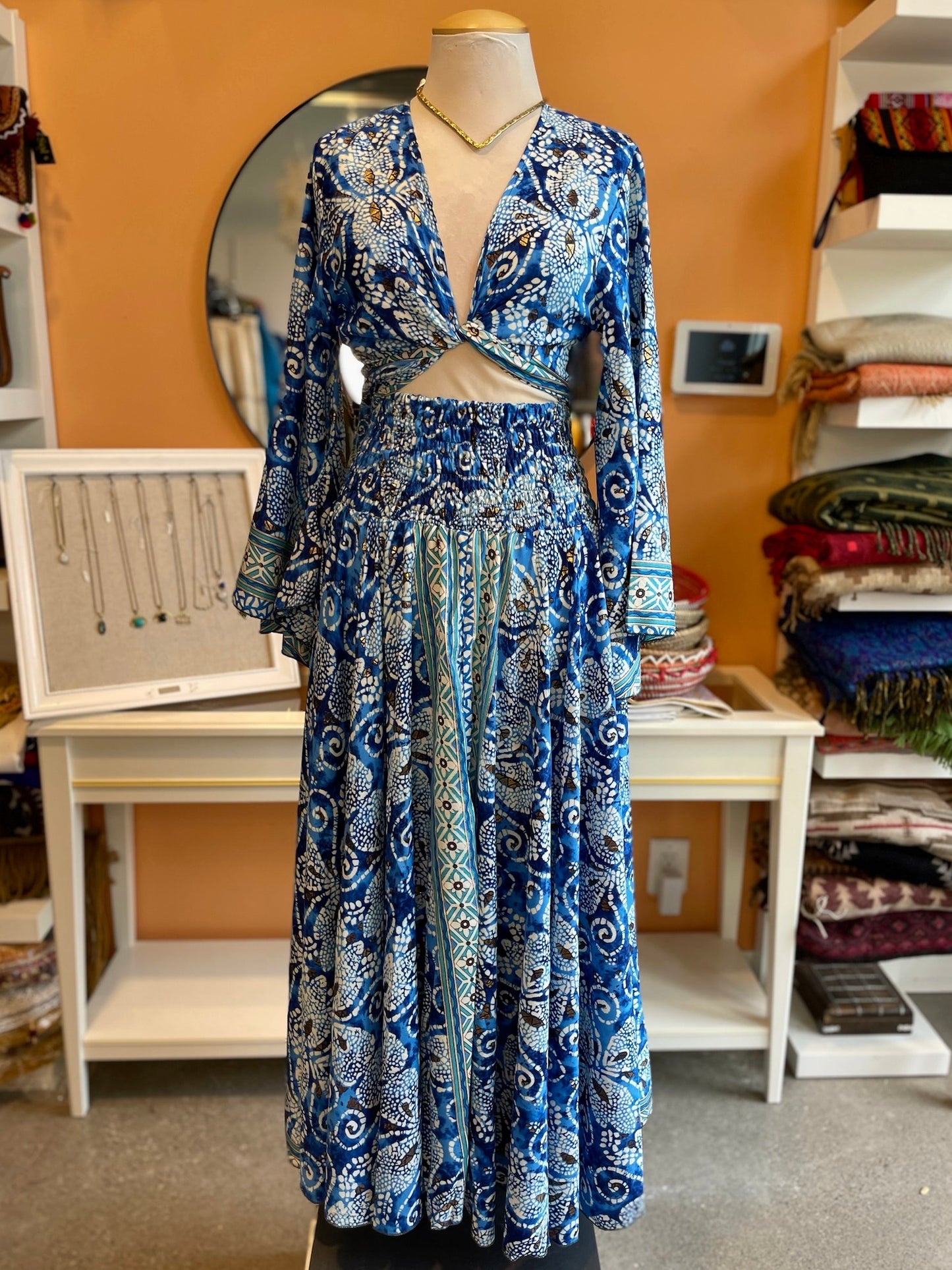 Blue/White/Gold Swirl Patterned Bell Sleeve Wrap Top Maxi Skirt Set