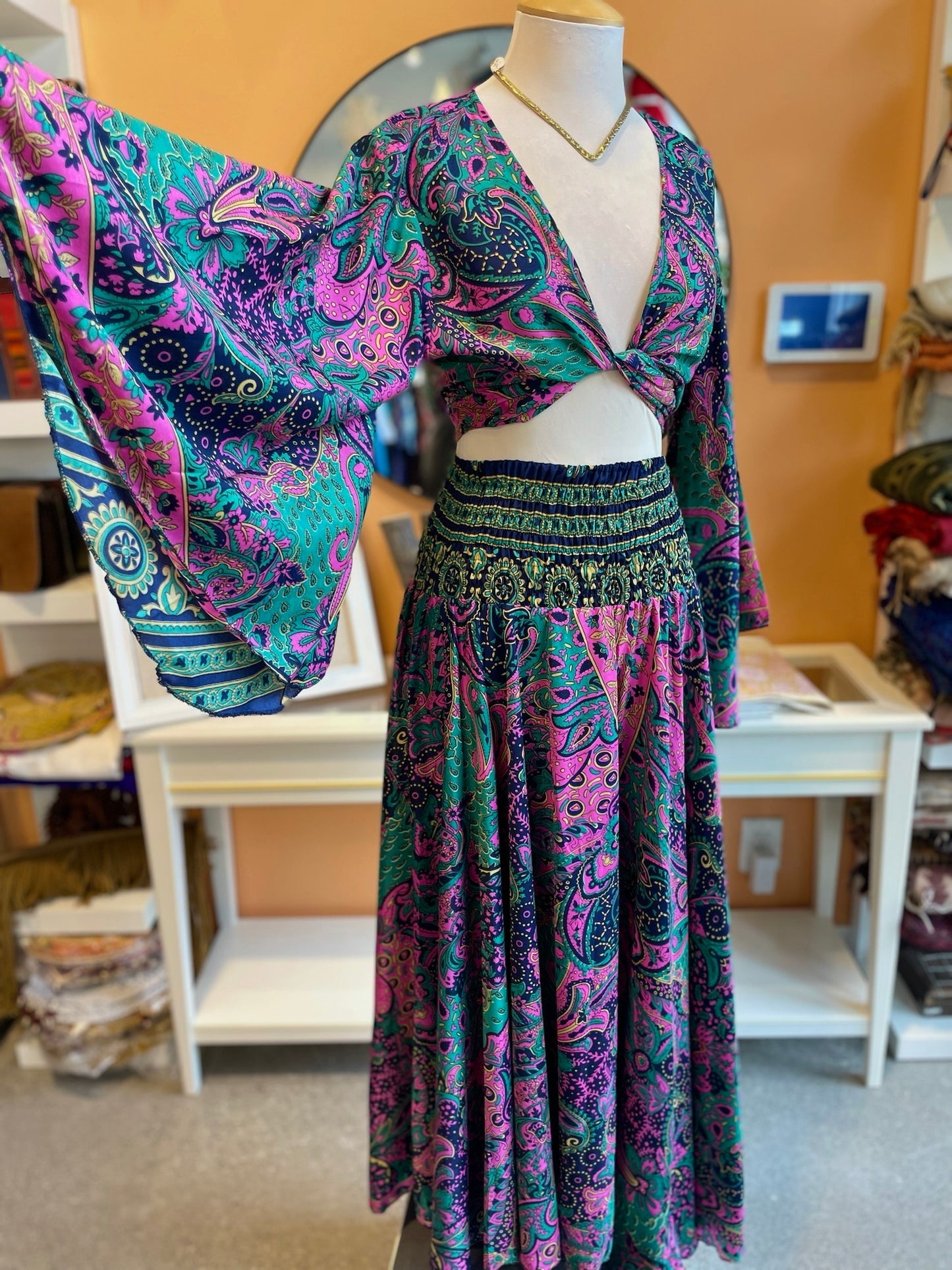 Purple/Teal Paisley Bell Sleeve Wrap Top & Pant Set