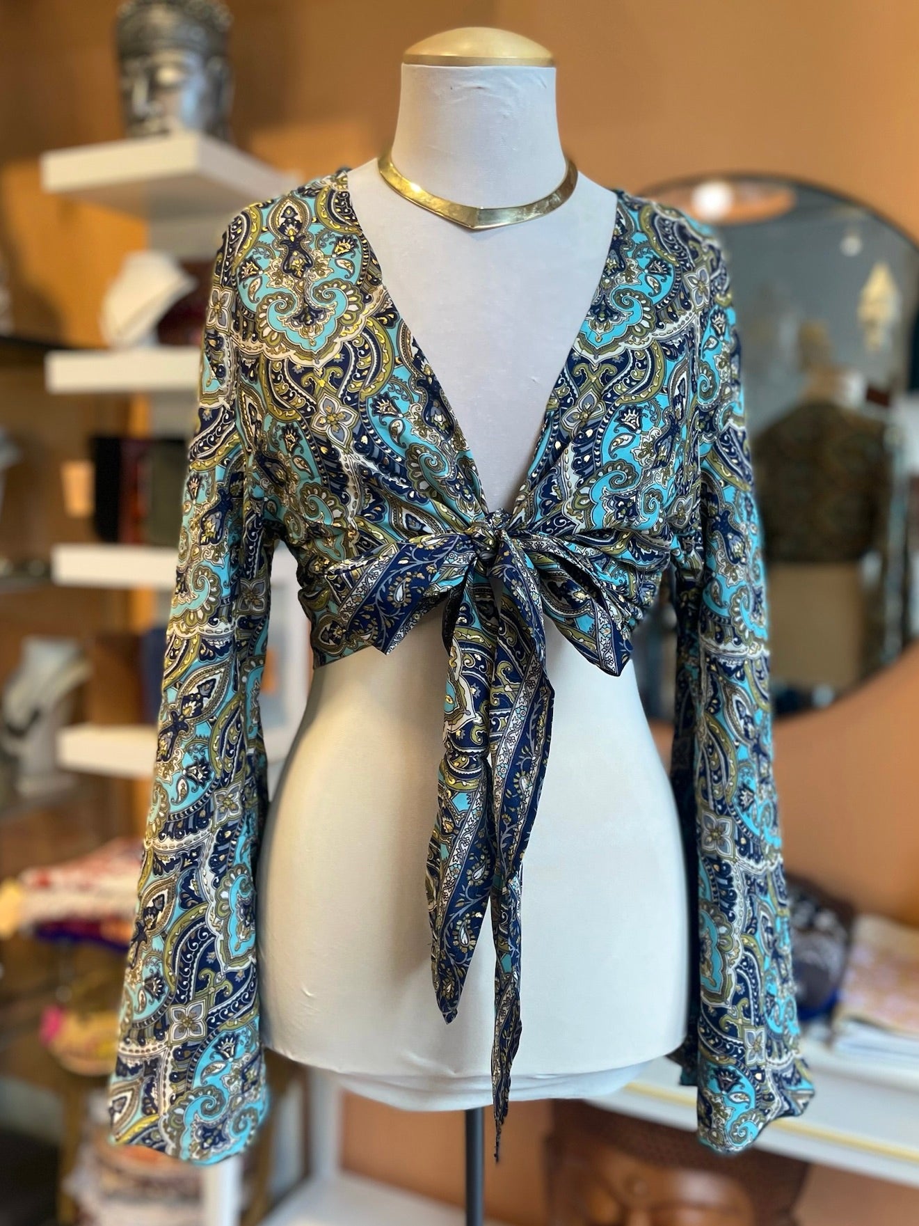 Blue/Green/Gold Paisley Bell Sleeve Wrap Top