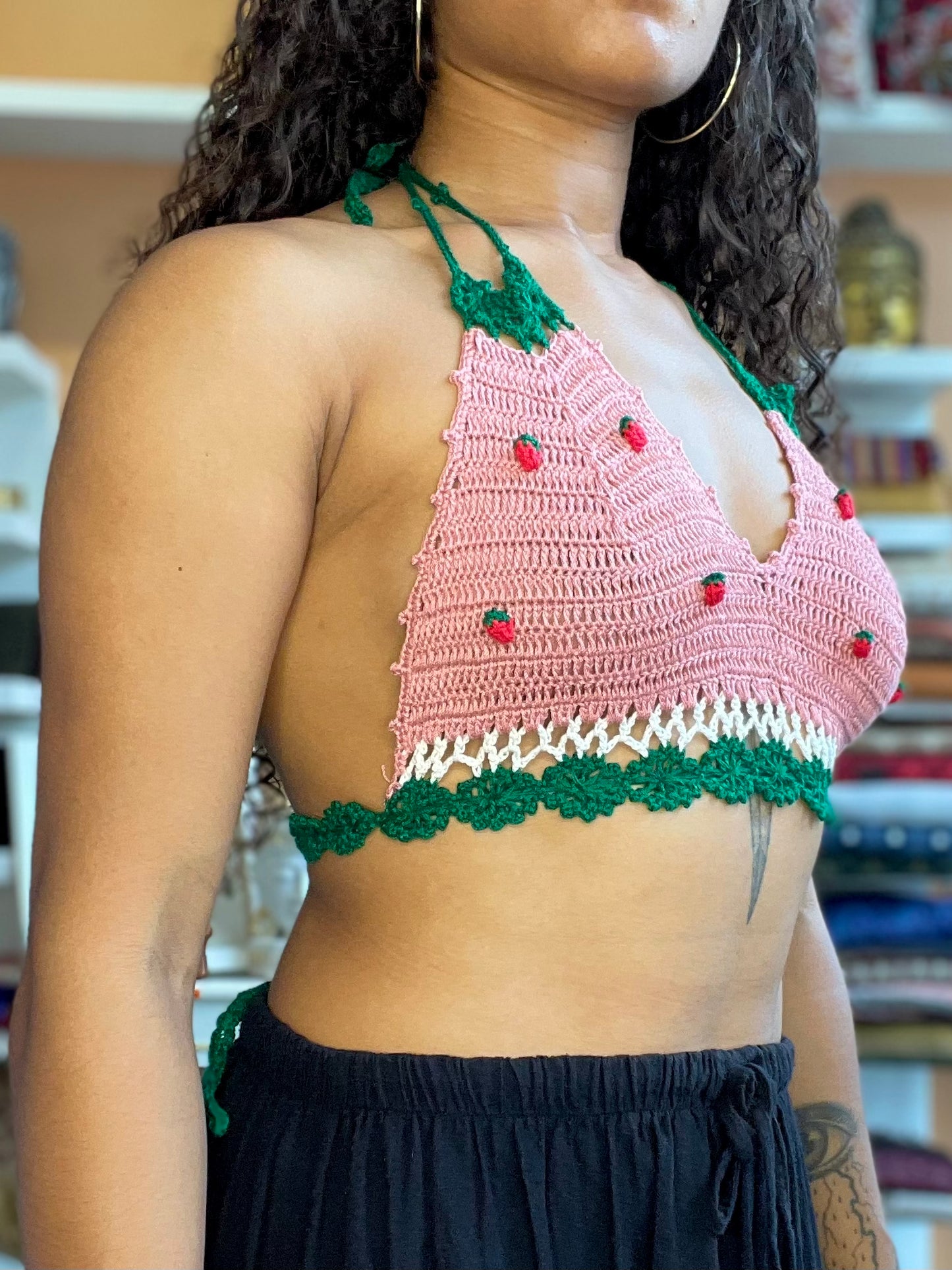 Pink/Green Strawberry Crochet Halter Top