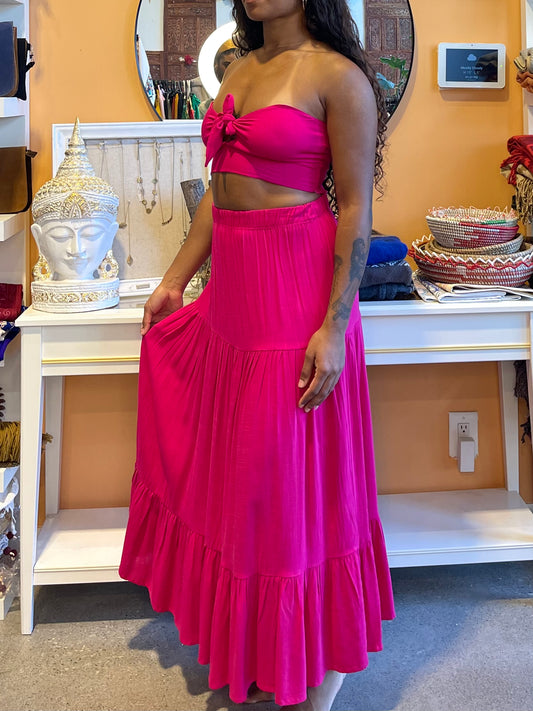 Pink Linen Bandeau Skirt Set